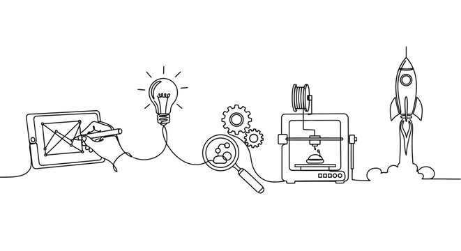 Innovative technological process illustrating creative problem-solving and iterative engineering with 3D printing and design