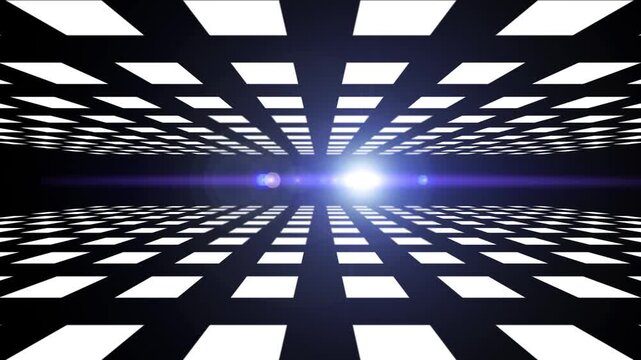 Abstract black and white geometric grid tunnel VJ loop with glowing lens flare light streaks moving across horizon line, for electronic music concert backgrounds and modern stage projection