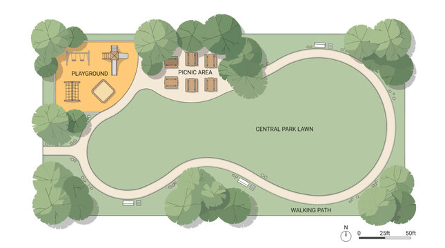 Top down view of a public park landscape design with playground, picnic area and walking path