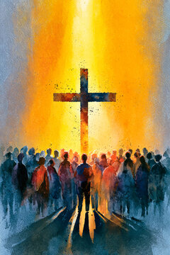 A crowd stands in front of a weathered cross, bathed in warm light. Long shadows stretch behind the figures, creating a striking contrast in a watercolor scene