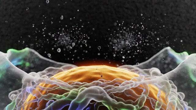 Microscopic cell releasing molecules. Biological structure expelling liquid particles. Cellular exocytosis process for medical research and biotechnology animation