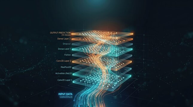 Neural network architecture diagram illustrates the flow of data through layered nodes in a deep learning model.