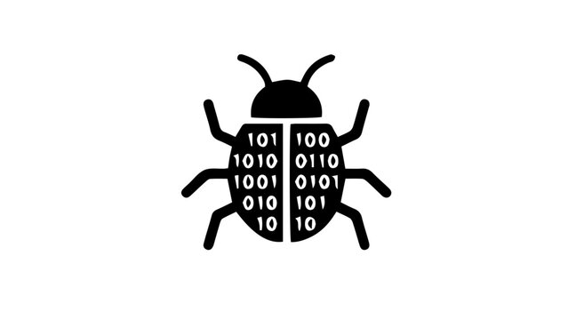 Binary code bug, insect with computer programming symbols, tech error icon, coding concept