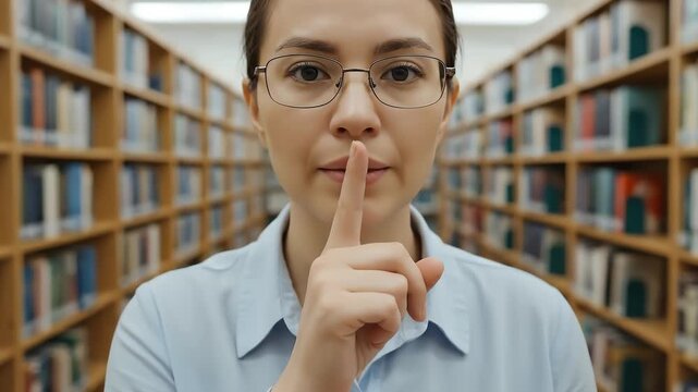 Young Woman Making a Silence Gesture in a Library