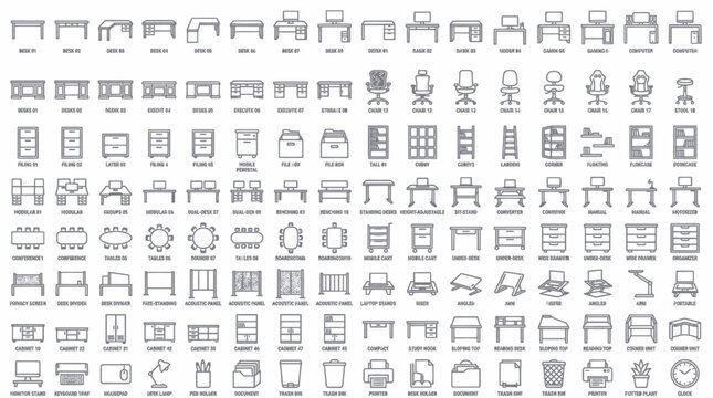 Collection of office furniture and equipment icons in line style