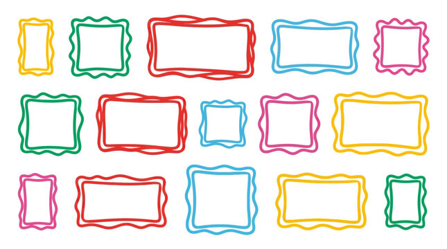 Set of colorful hand-drawn doodle frames and borders, playful empty decorative elements collection