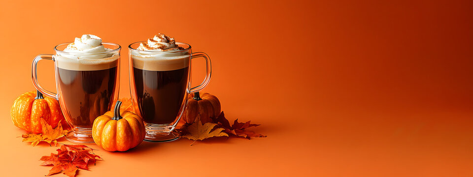 Two cups of creamy pumpkin coffee surrounded by pumpkins and colorful autumn leaves against an orange studio background - a cozy seasonal beverage concept