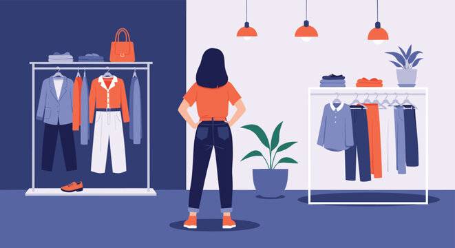 Woman seen from behind standing in a modern clothing store and looking at various apparel on display racks.
