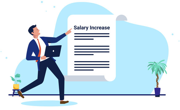 Excited office worker pointing at a large contract document showing a salary increase, holding a laptop computer during a successful promotion, flat design vector illustration
