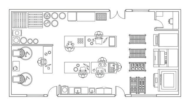 Top view of a professional bakery kitchen layout with bakers working at tables and equipment