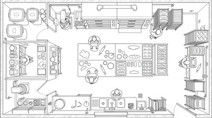 Naklejka premium Top view of a professional bakery kitchen with bakers preparing bread and pastries