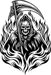 Fototapeta premium SVG vector illustration of a dark style skeleton tattoo surrounded by flames.Creepy Skull Figure with Crown and Mysterious Vibes