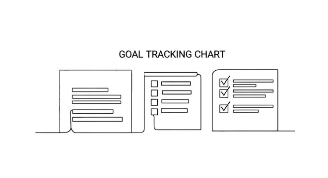 Simplified line drawing of goal tracking charts illustrating task progress and completion checklists for project management and