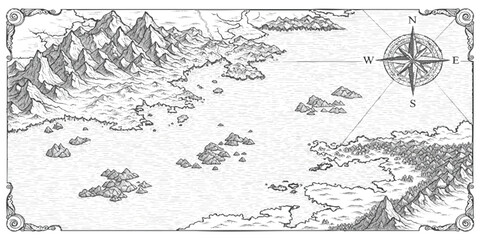 Vintage fantasy map illustration with mountains and ocean islands showing a compass rose in black and white © ZenVectors