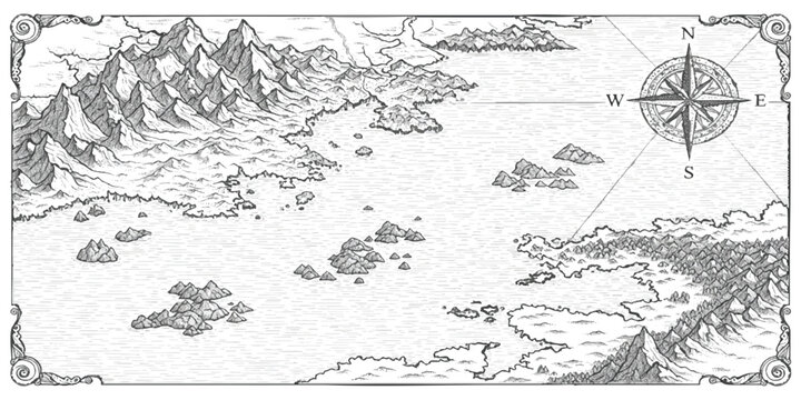 Vintage fantasy map illustration with mountains and ocean islands showing a compass rose in black and white