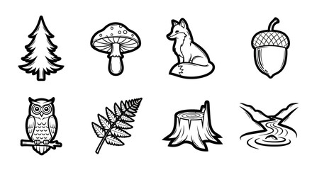 Woodland nature icon set featuring forest wildlife plants and environmental elements © Tulippp