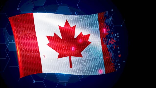 Canadian flag with binary code on a dark blue background with hexagons