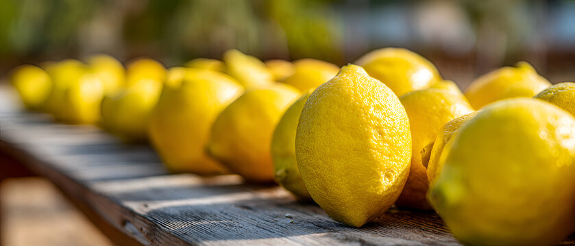 Fresh yellow lemons lining a weathered wooden table outdoors, symbolizing harvest, natural produce, healthy eating, and a refreshing lifestyle under warm sunlight
