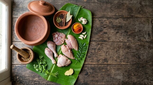Raw chicken pieces and whole spices laid out on banana leaf with clay pots on wooden table for cooking