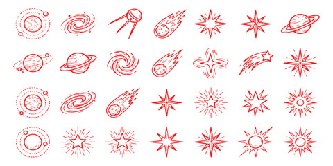 Set of hand drawn space icons with planets galaxies stars comets and satellites in red and orange sketch style © ZenVectors