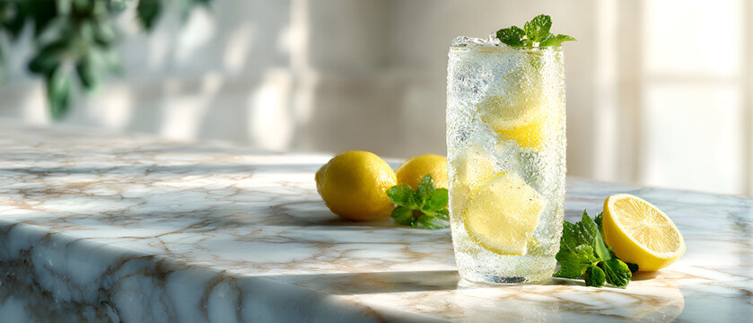 Glass of sparkling lemonade with lemon slices, ice and mint on a white marble countertop, bright and refreshing summer drink evoking cool, healthy hydration and citrus sparkle