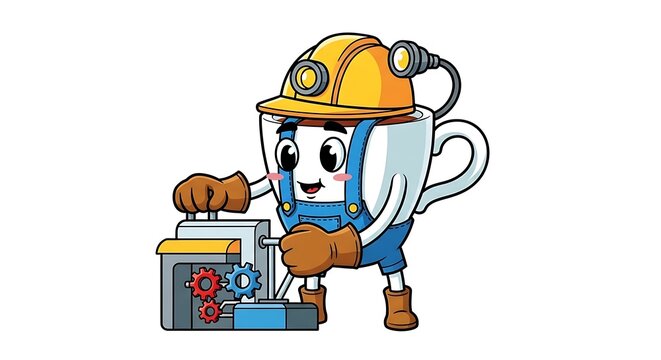 Cartoon construction worker carrying toolbox.