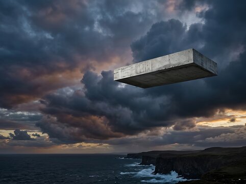 Surreal floating concrete monolith over a dark coastal landscape at sunset