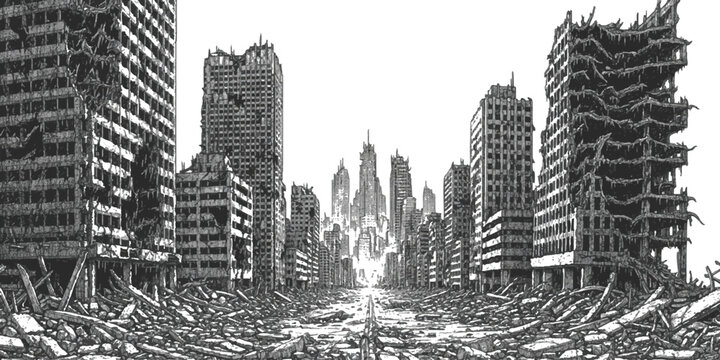 Ruined city buildings with rubble and debris in a destroyed urban landscape after a war or natural disaster
