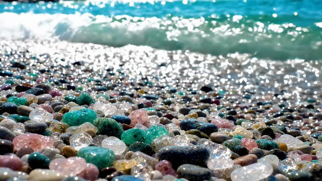 Clear blue water washing over colorful pebbles. Wet stones shift. Ocean waves roll pebbles.