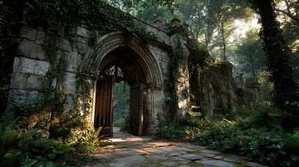 Obraz premium Enchanting Gothic Stone Archway Entrance Gate Covered in Lush Green Ivy Overgrown with Wild Forest Ferns