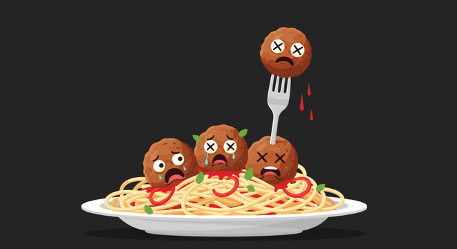 Humorous and slightly dark illustration of a plate of spaghetti and meatballs where the meatballs have sad faces and one is being speared.