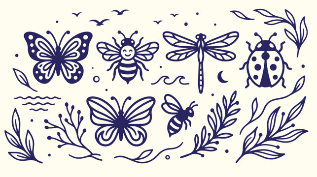 Hand drawn garden wildlife illustration with butterfly bee dragonfly ladybug and foliage.