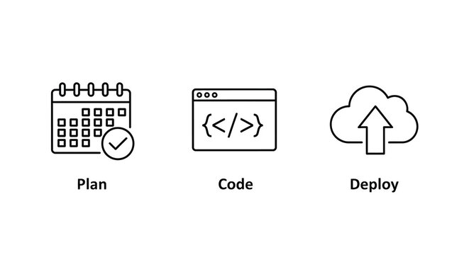 Plan Code And Deploy Icons Black Line Style On White Background