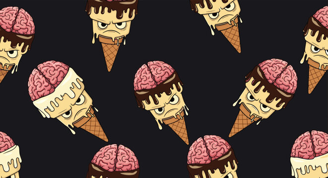 Spooky seamless pattern of angry ice cream cones topped with pink brains and melting chocolate sauce on black.