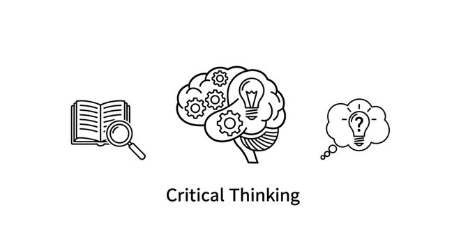 Critical Thinking Icons Book Brain And Lightbulb Line Art