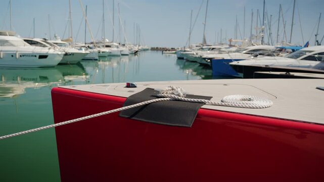 Red yacht tied with white rope at luxury marina harbor