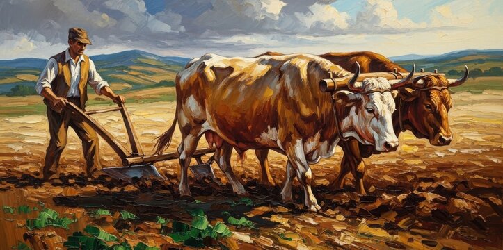 Farmer plowing field with two oxen in rural landscape