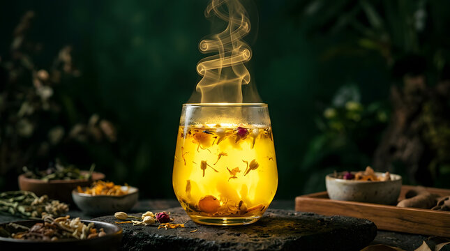 A steaming golden glass of floral jamu kunyit asam with dried botanicals floating inside, set on stone amid herbs and wooden bowls in a moody dark green atmosphere.