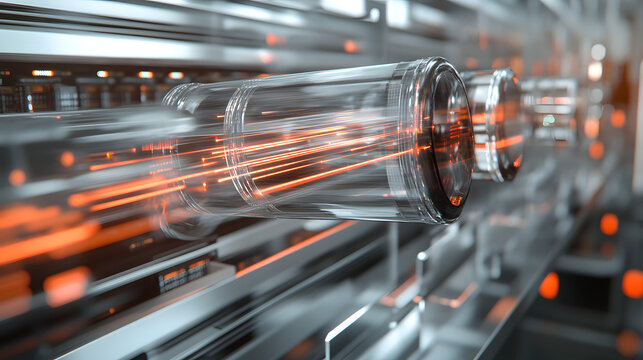 Motion blur of data flow in high-tech server room with futuristic digital visualization