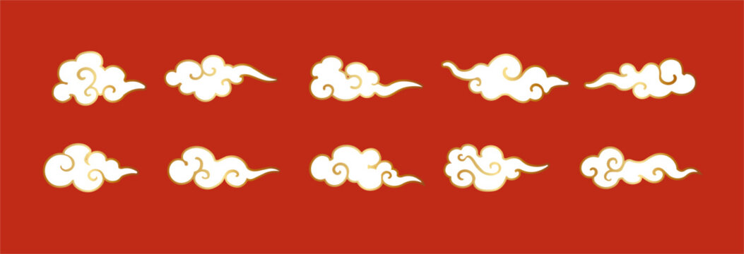 Oriental sky motifs with decorative swirls and waves. Red and gold Asian symbols in traditional style. Vector set of cultural elements for backdrop and graphic design.