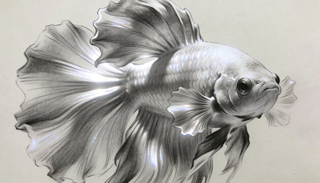 Rendering single long-finned ornamental fish on light paper, showing pencil strokes, highlights