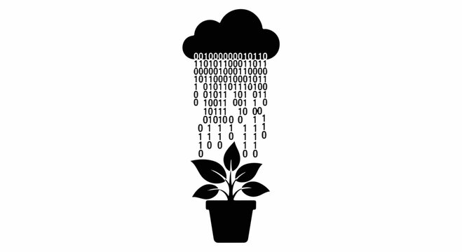 Digital rain of binary code nourishes a growing plant in a pot, symbolizing data growth and innovation.