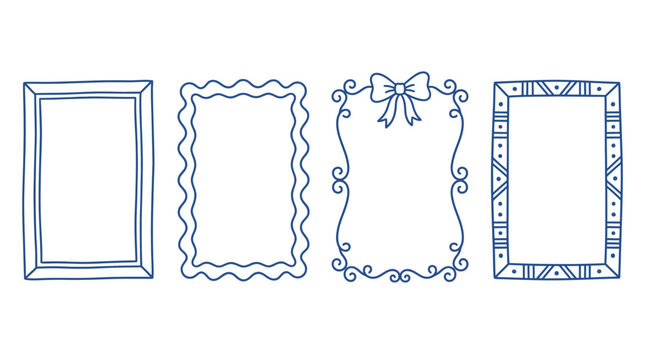 Set of Blue Hand-Drawn Ornamental Borders and Decorative Rectangular Frames