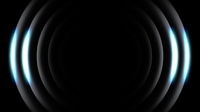Glowing light radio circles. Round tunnel effect coming out from depth. Pulsating concentric circles sound waves loop animation. Black cyber space background.