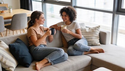 Obraz premium Sitting two women wearing short-sleeve tops and cuffed blue jeans holding mugs on sectional sofa