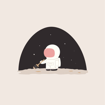 Astronaut cleaning lunar dust from solar panel with specialized brush