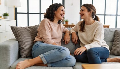 Obraz premium Smiling two women in knit sweaters, rolled jeans, barefoot, chatting on gray sofa in home lounge