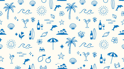 Seamless summer vacation pattern hand drawn blue sketch icons on cream color background. © TREND AND VECTORS
