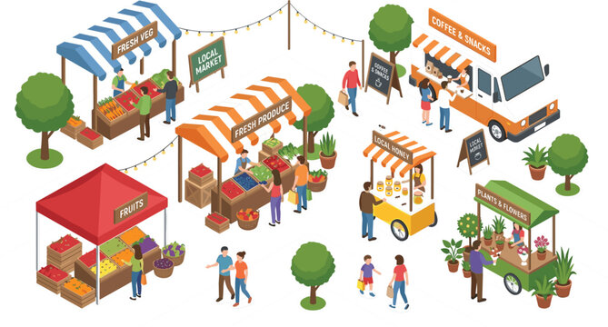 Isometric Farmers Market Vector Illustration with Local Produce Stalls Food Truck Fruits Vegetables Flowers and People for Street Fair Festival Graphic Designs
