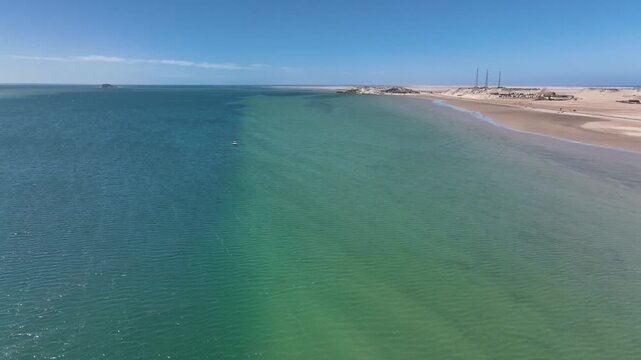 Drone aerial view of Dakhla Bay, one of Morocco&rsquo;s most renowned coastal destinations. This unique natural bay, protected from Atlantic Ocean swells, is internationally recognized for tourism, water sp